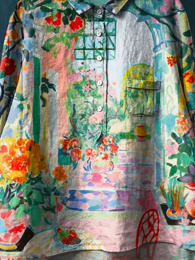 Retro-style indoor landscape print casual cotton and linen shirt