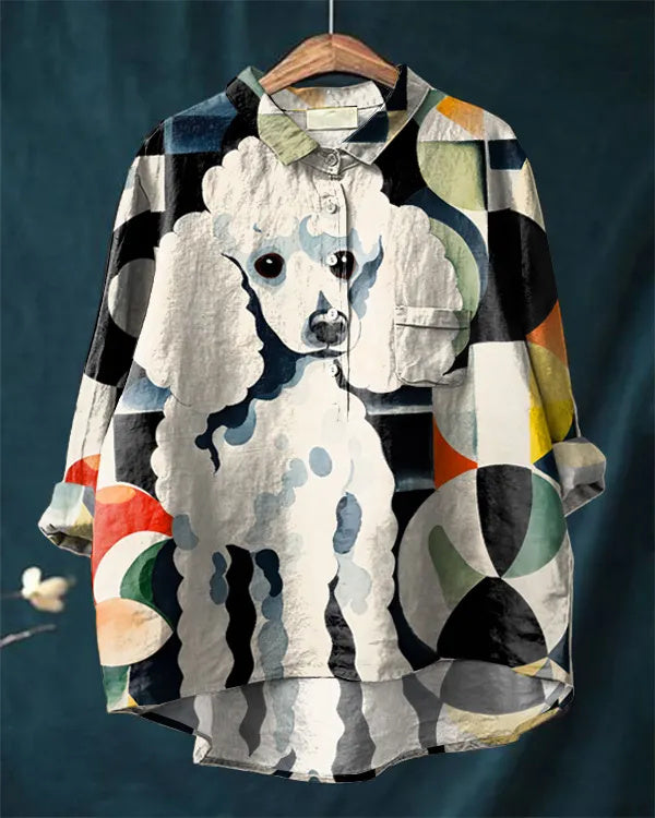 Cute Poodle Pattern Cotton Linen Casual Shirt