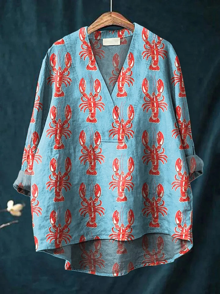 Lobster print women's casual cotton linen V-neck shirt