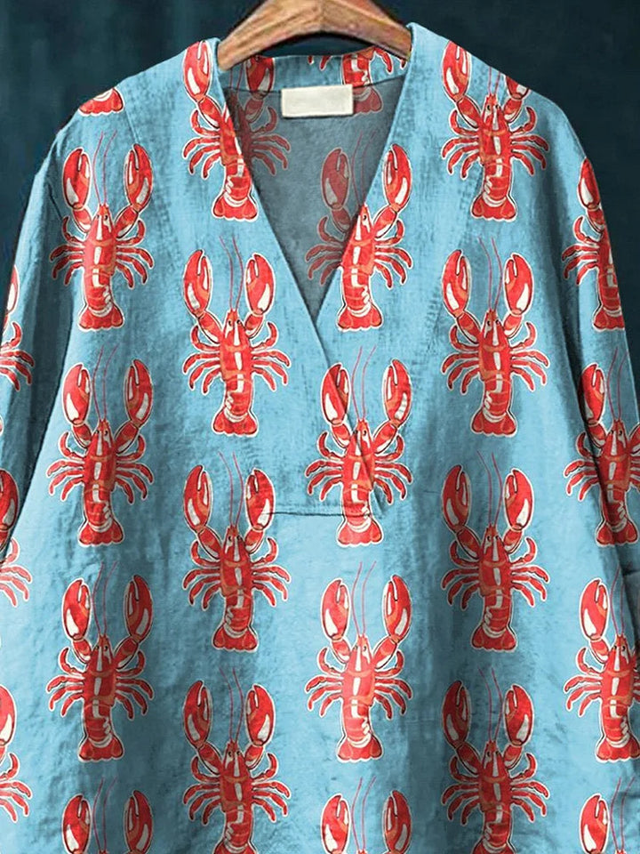 Lobster print women's casual cotton linen V-neck shirt