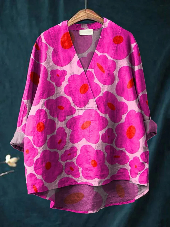 Bright pink floral print women's casual cotton linen V-neck shirt