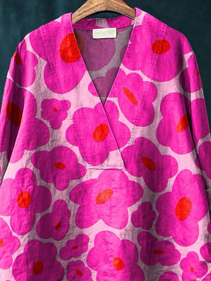 Bright pink floral print women's casual cotton linen V-neck shirt