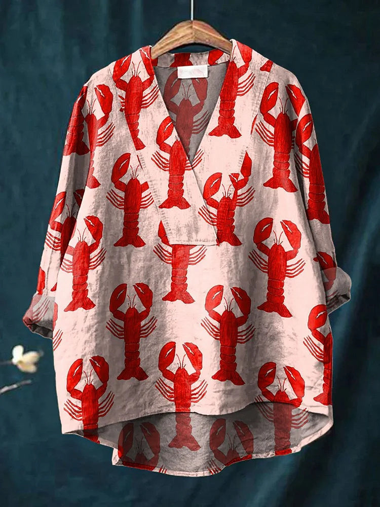 Casual cotton-linen V-neck shirt with red lobster decorative pattern