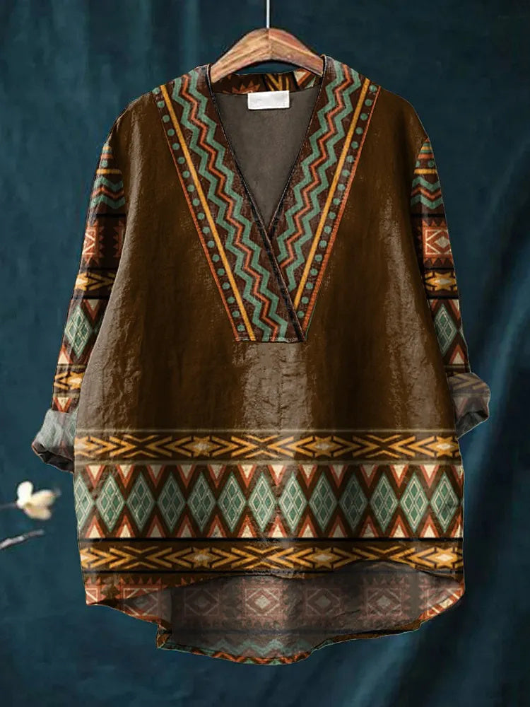 Women's Retro Ethnic Striped Art Print Casual Cotton Linen V-Neck Shirt