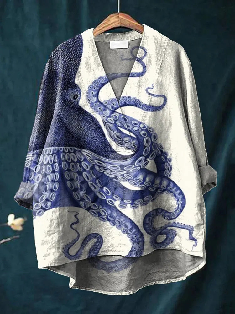 Women's Deep Sea Octopus Tentacle Retro Art Print Casual Cotton Linen V-Neck Shirt
