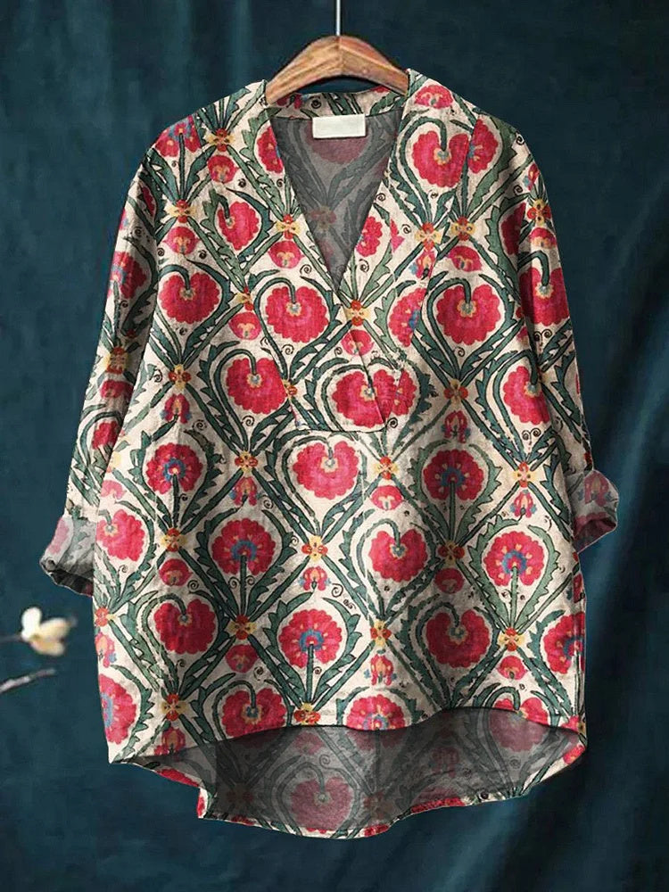 Women's Floral Art Print Casual Cotton Linen V-Neck Shirt