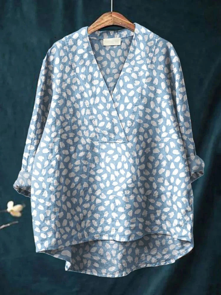Women's Polka Dot Art Print Casual Cotton Linen V-Neck Shirt