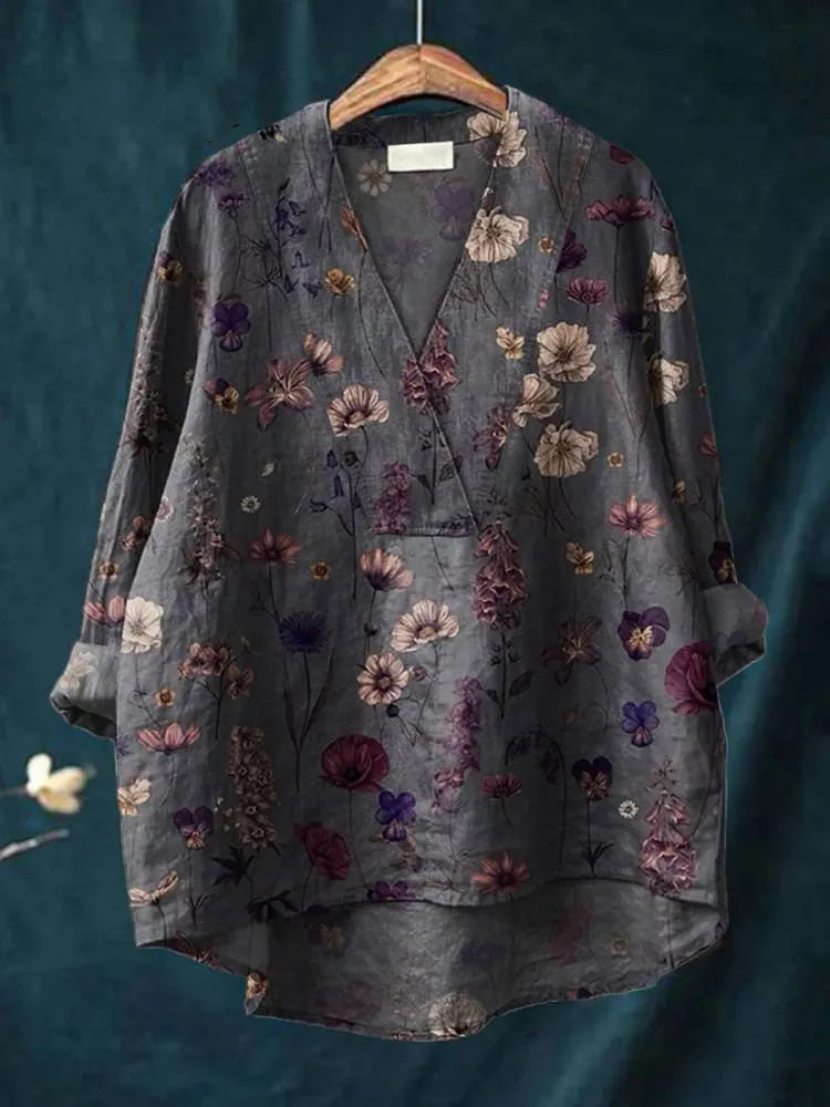 Women's Floral Art Print Casual Cotton Linen V-Neck Shirt