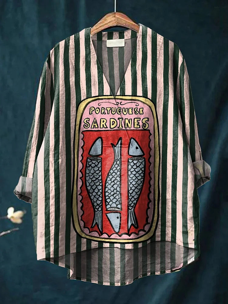 Women's Green Striped Sardine Print Casual Cotton Linen V-Neck Shirt
