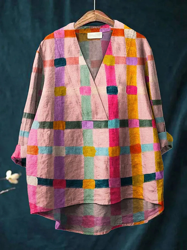 Women's Retro Striped Plaid Art Print Casual Cotton Linen V-Neck Shirt