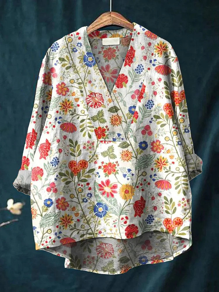 Women's Floral Art Print Casual Cotton Linen V-Neck Shirt