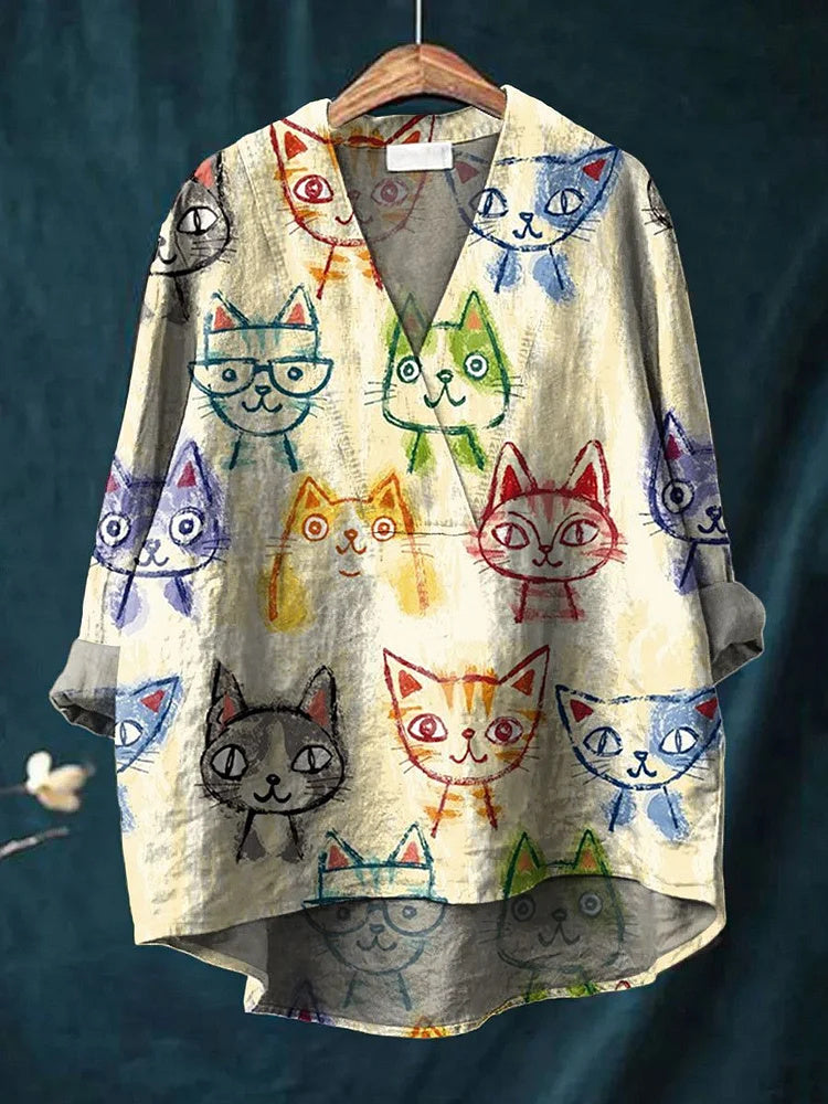 Women's Cat Art Print Casual Cotton Linen V-Neck Shirt