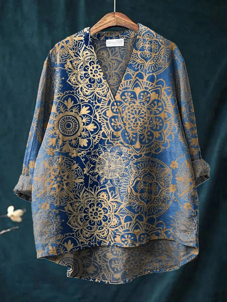 Women's Blue Gradient Mandala Pattern Art Print Casual Cotton Linen V-Neck Shirt