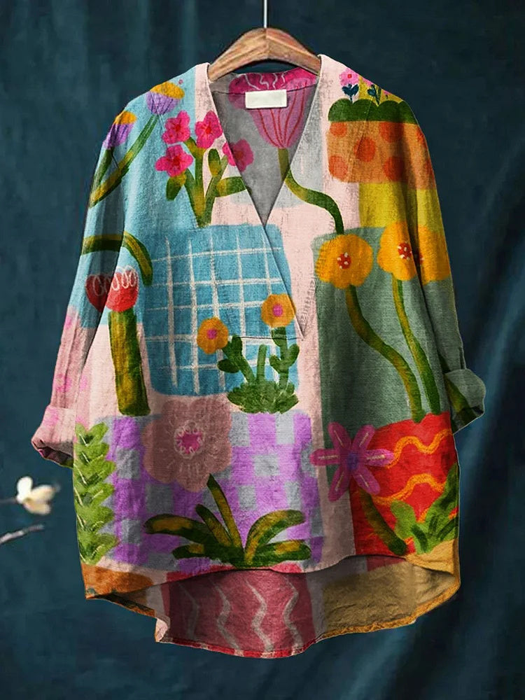 Women's Retro Floral Art Print Casual Cotton Linen V-Neck Shirt