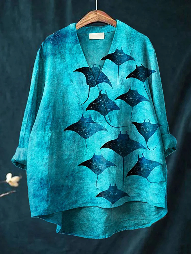 Women's Manta Ray Art Print Casual Cotton Linen V-Neck Shirt