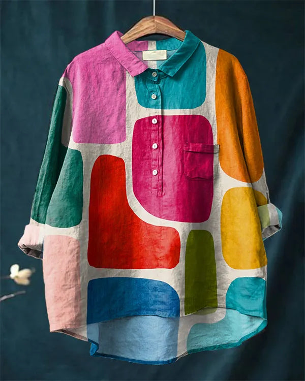 Retro colorful abstract art print cotton and linen shirt
