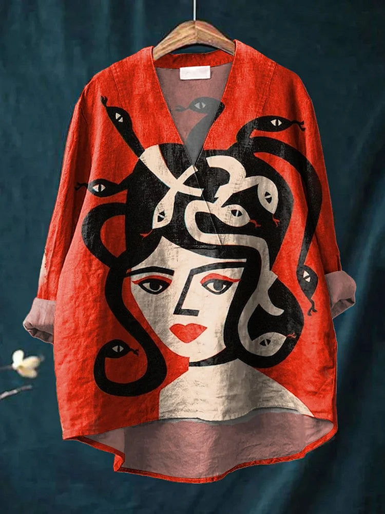 Women's Medusa Art Print Casual Cotton Linen V-Neck Shirt