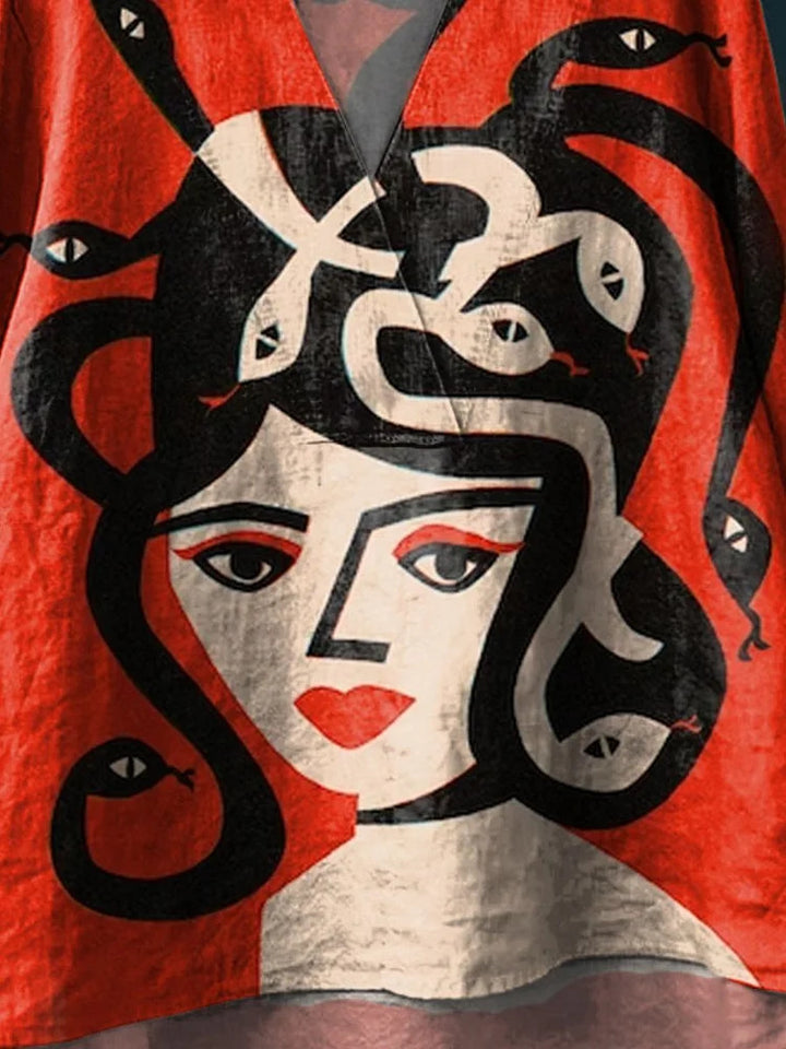 Women's Medusa Art Print Casual Cotton Linen V-Neck Shirt