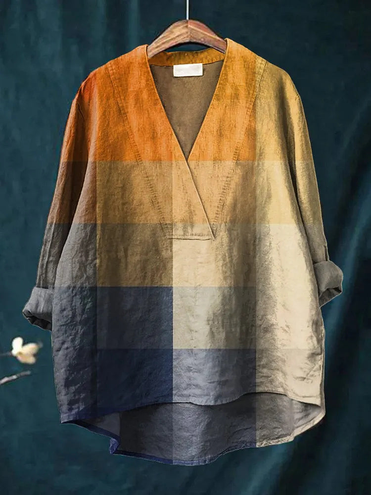Women's Blue and Orange Gradient Plaid Mosaic Art Print Casual Cotton Linen V-Neck Shirt