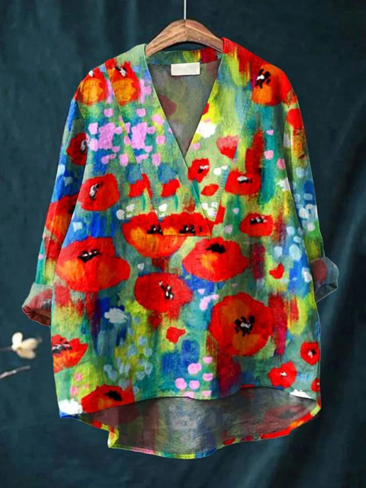 Women's Floral Art Print Casual Cotton Linen V-Neck Shirt