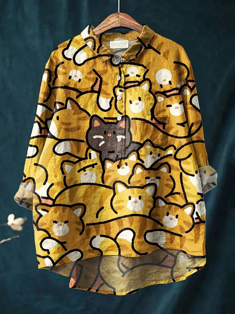 Women's Cute Yellow Cat Print Casual Cotton Linen Shirt