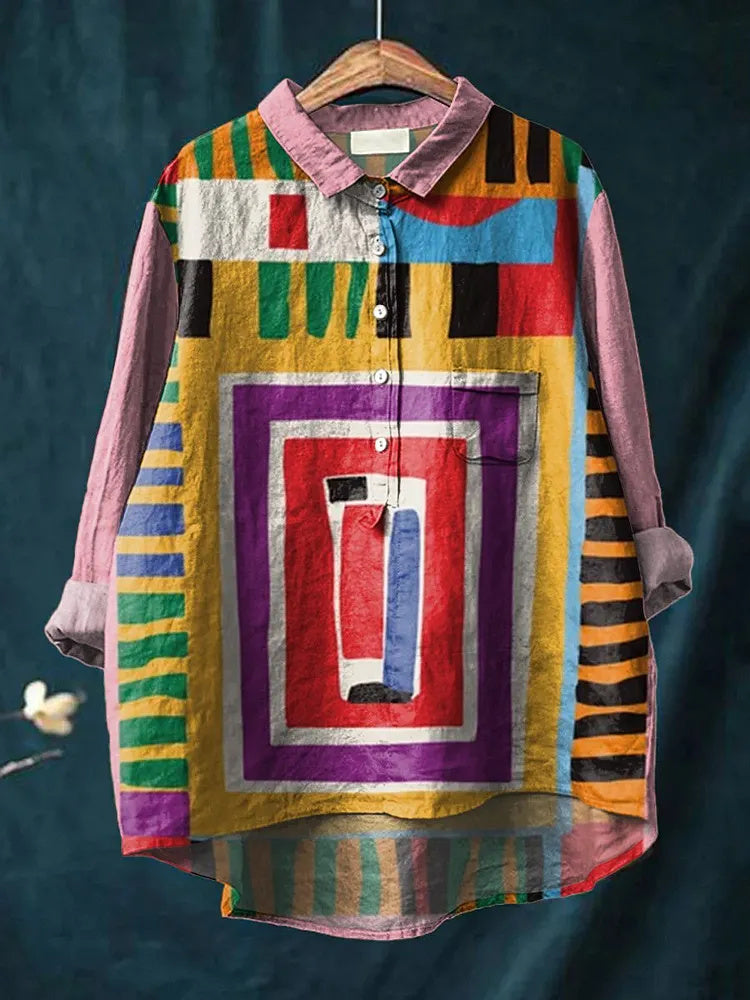Women's Abstract Print Art Casual Cotton Linen Shirt