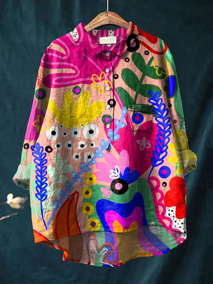 Abstract art print women's casual cotton and linen shirt
