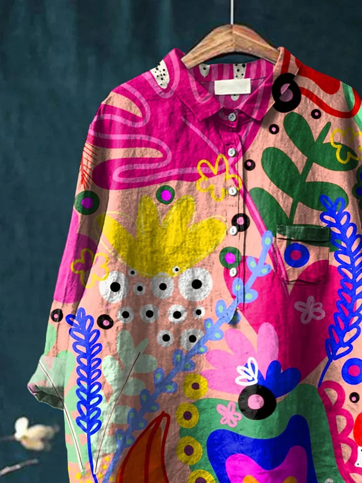 Abstract art print women's casual cotton and linen shirt