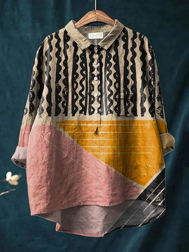 Women's Abstract Print Art Casual Cotton Linen Shirt