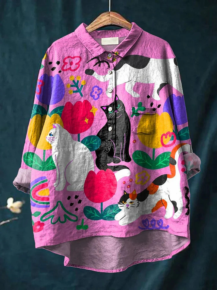 Retro cute cat print casual cotton and linen shirt