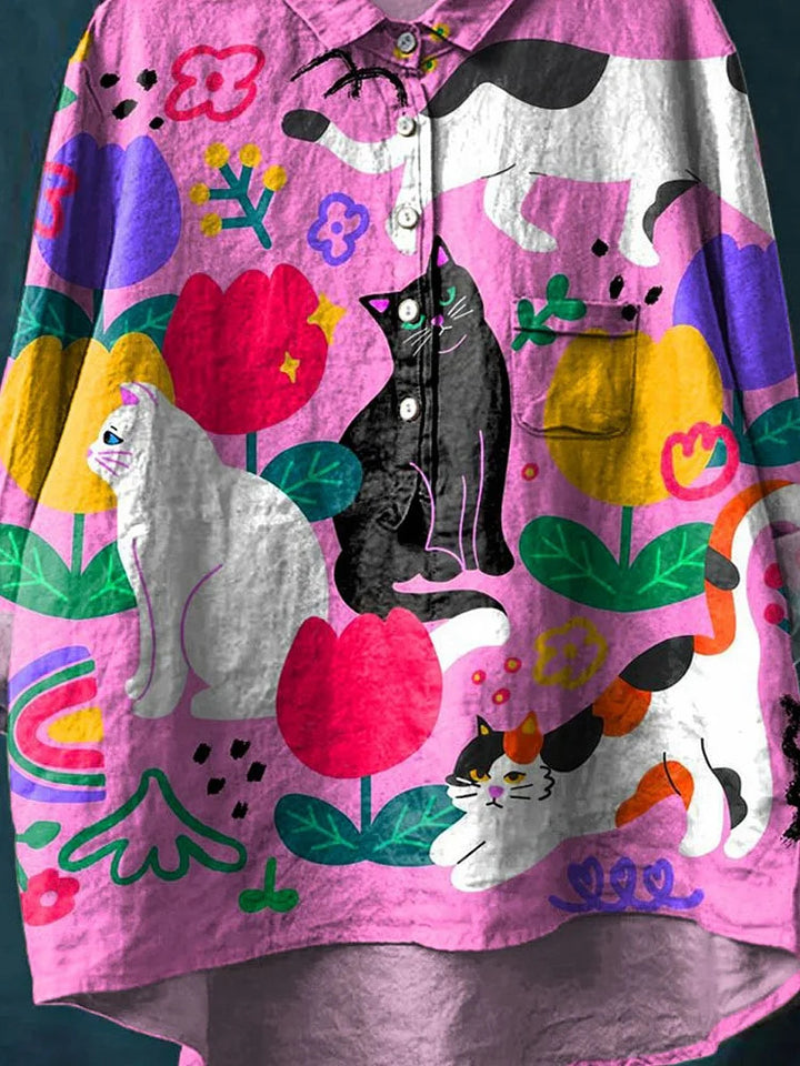 Retro cute cat print casual cotton and linen shirt