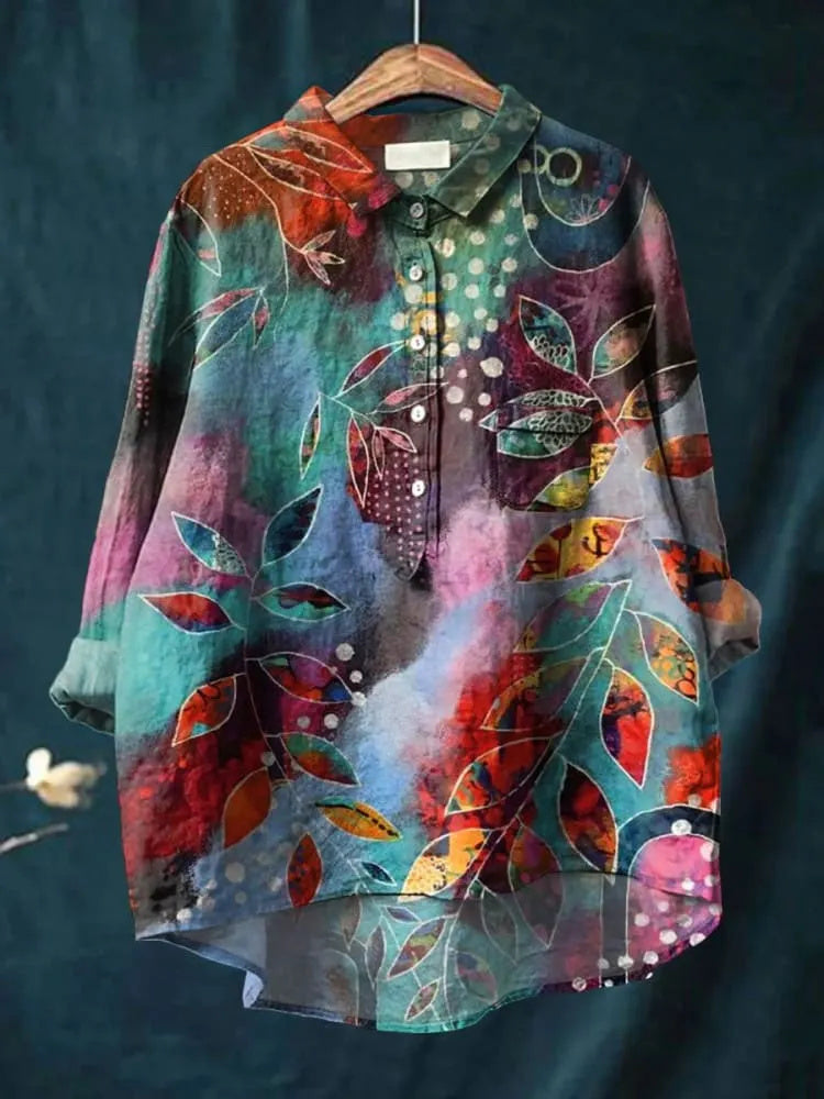 Abstract leaf art print casual cotton and linen shirt