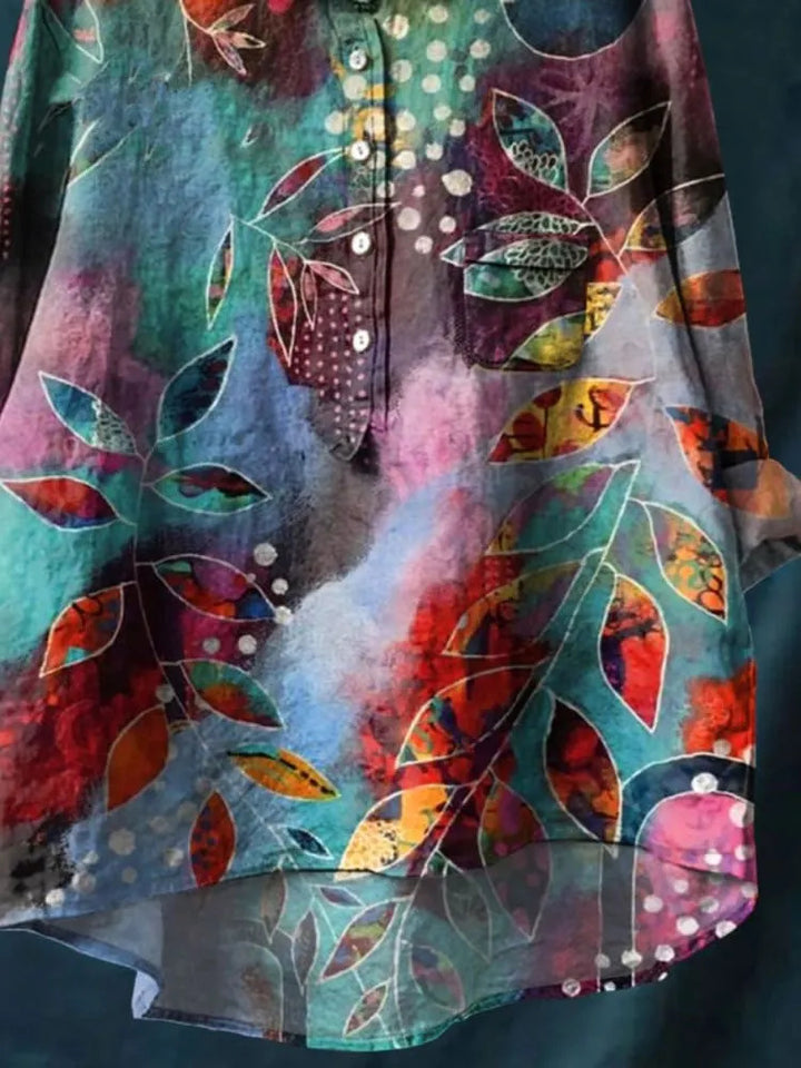 Abstract leaf art print casual cotton and linen shirt