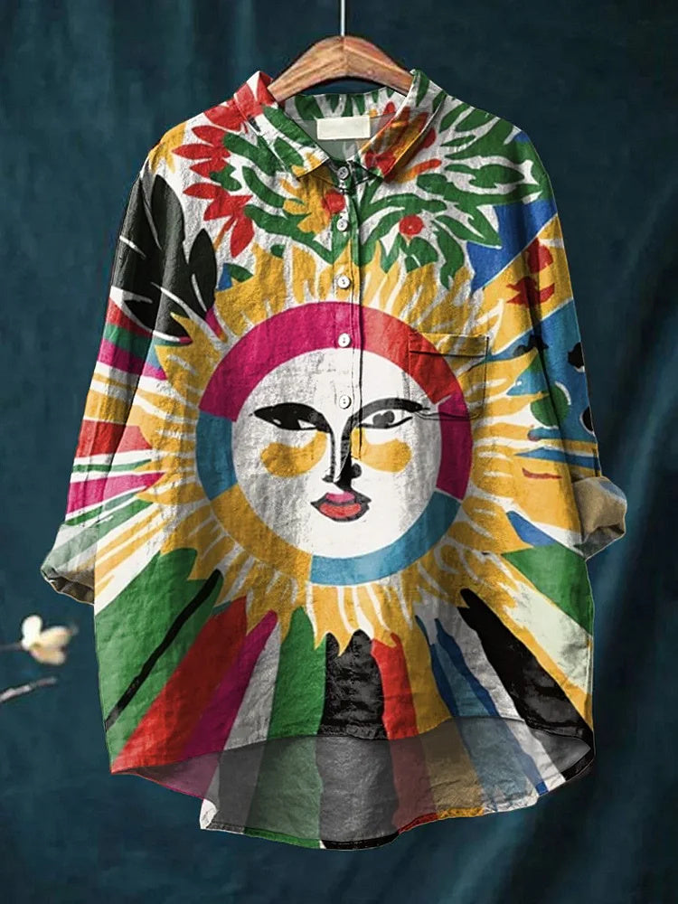 Women's Mix and Match Sun Print Artistic Casual Cotton Linen Shirt