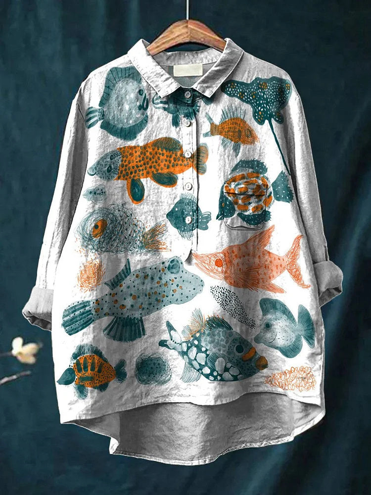 Watercolor marine life decorative pattern casual cotton and linen shirt