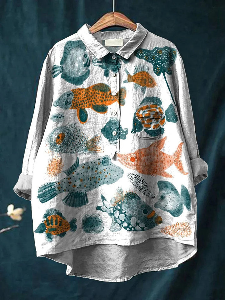 Watercolor marine life decorative pattern casual cotton and linen shirt