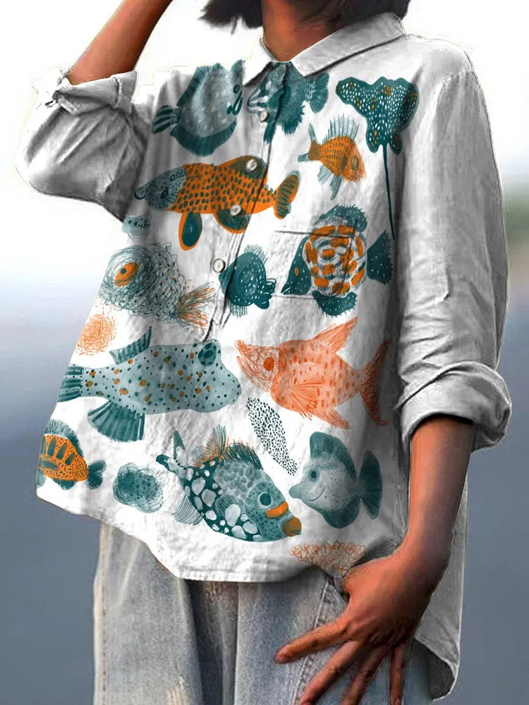 Watercolor marine life decorative pattern casual cotton and linen shirt
