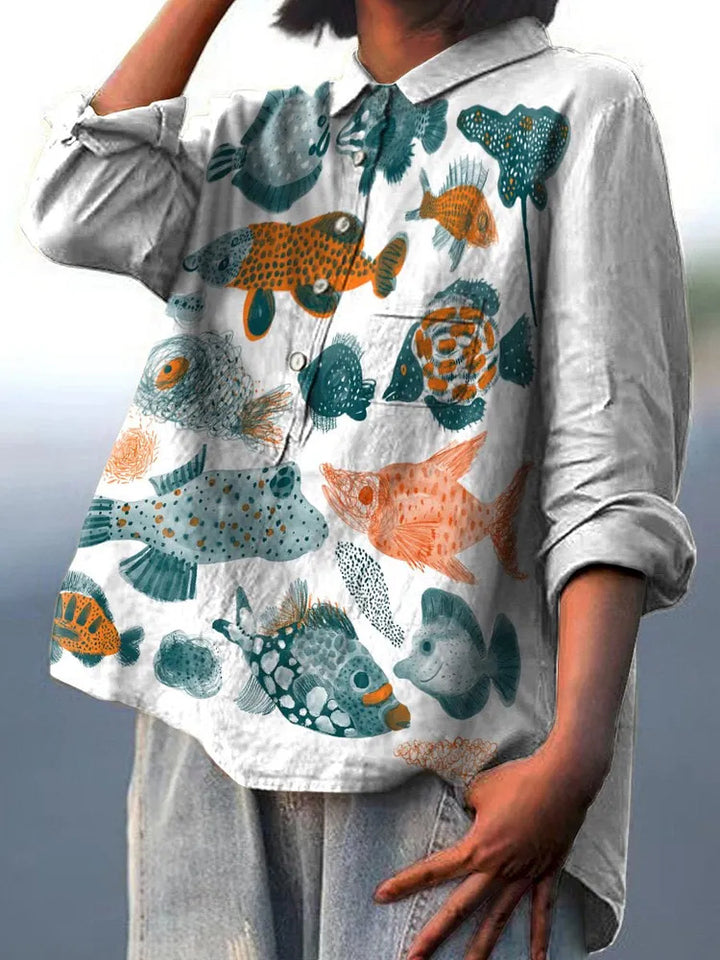 Watercolor marine life decorative pattern casual cotton and linen shirt