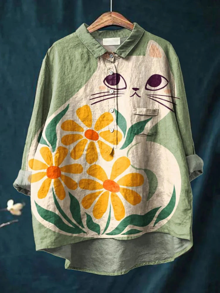 Women's Fresh White Cat and Floral Print Casual Cotton Linen Shirt
