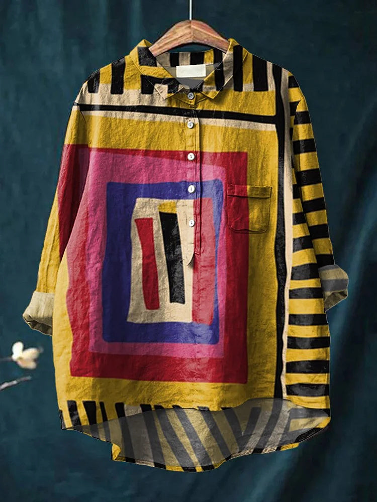 Women's yellow color-blocked abstract print casual cotton and linen shirt