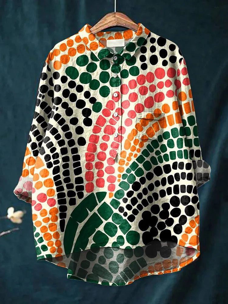 Women's Abstract Geometric Art Print Casual Cotton Linen Shirt