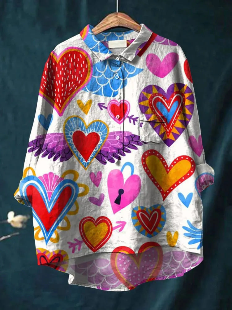 Heart-patterned print women's casual cotton and linen shirt