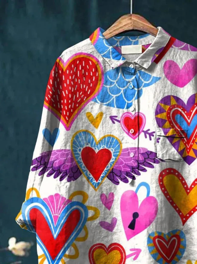Heart-patterned print women's casual cotton and linen shirt
