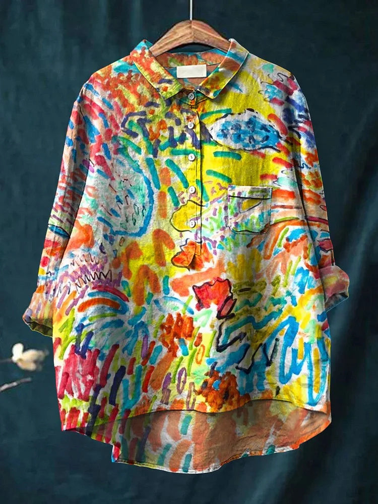 Women's Abstract Ocean Art Print Casual Cotton Linen Shirt