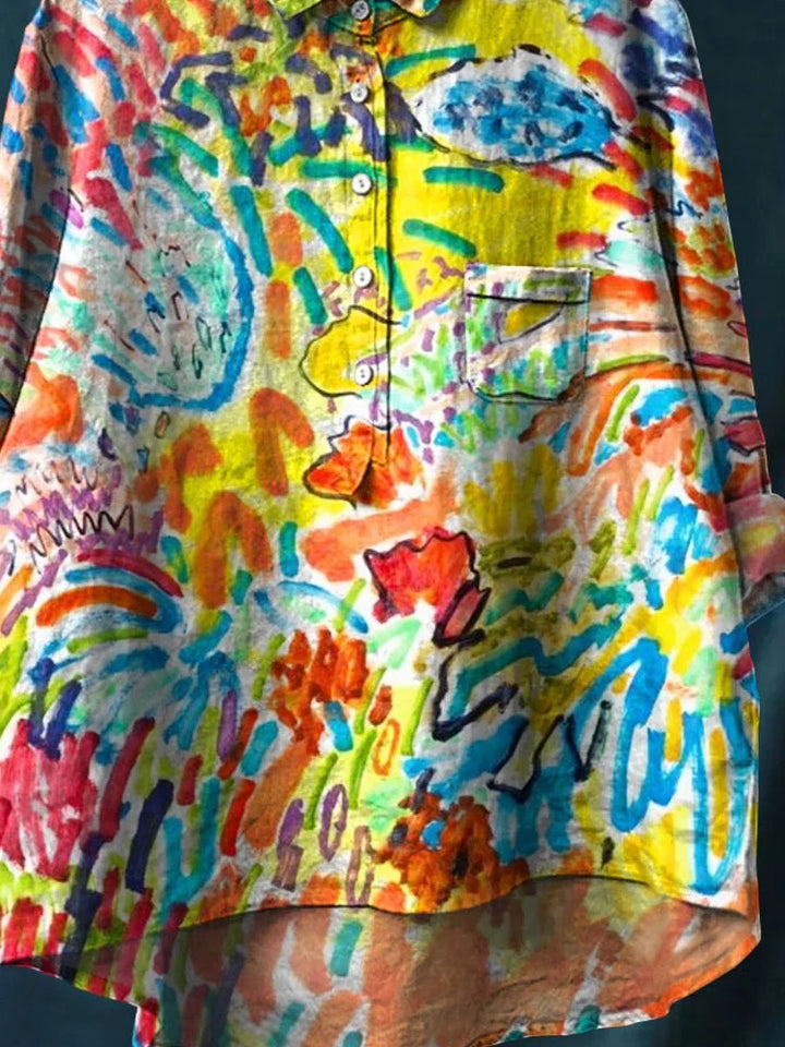 Women's Abstract Ocean Art Print Casual Cotton Linen Shirt