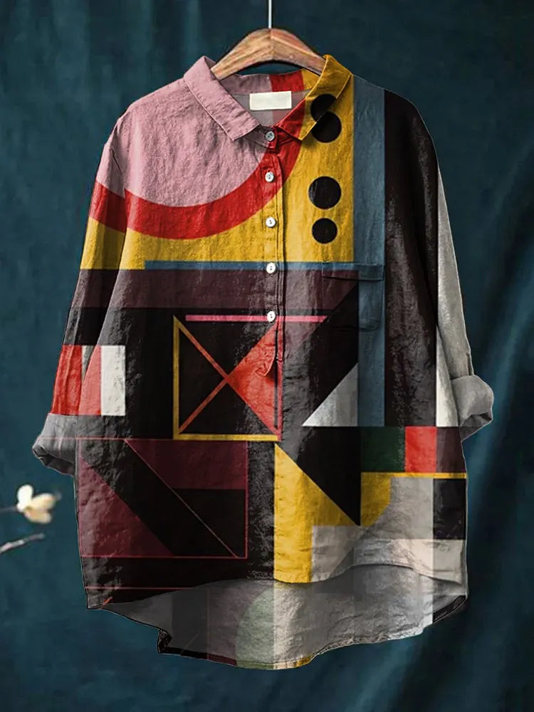 Women's Abstract Print Art Casual Cotton Linen Shirt