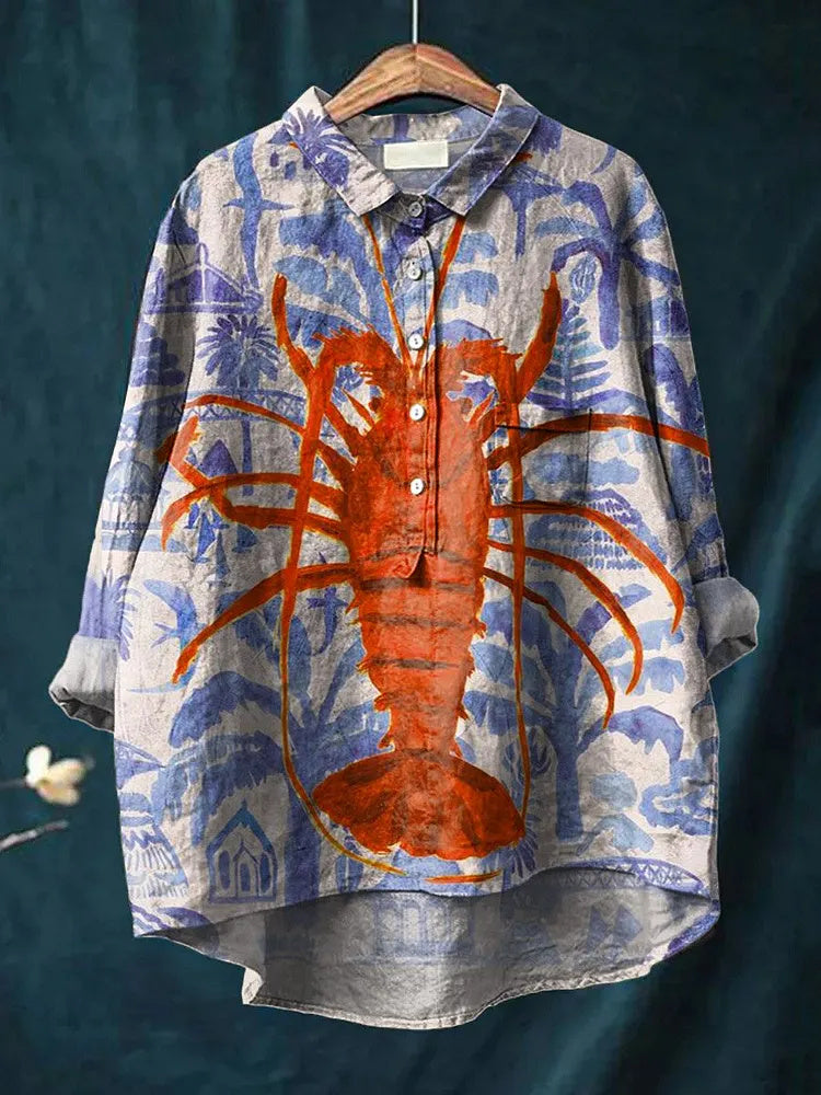 Retro Cute Lobster Art Print Casual Cotton Linen Shirt