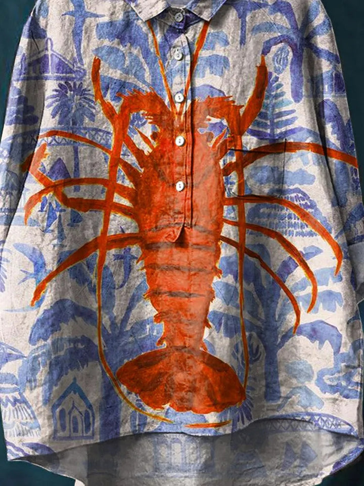 Retro Cute Lobster Art Print Casual Cotton Linen Shirt