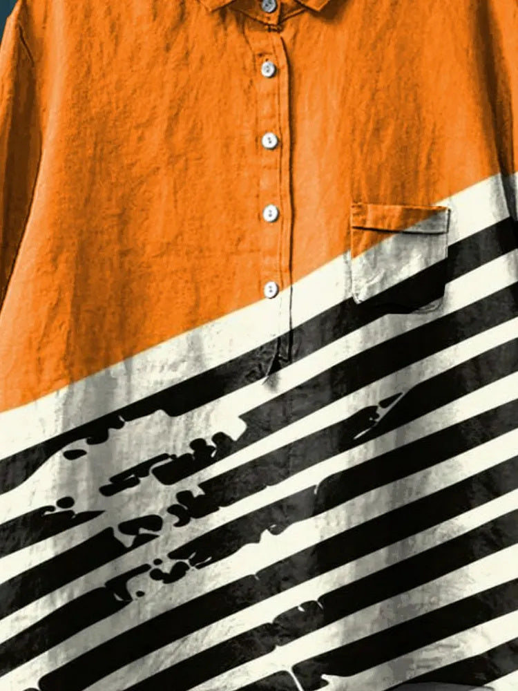 Women's Abstrct Art Print Casual Cotton And Linen Shirt