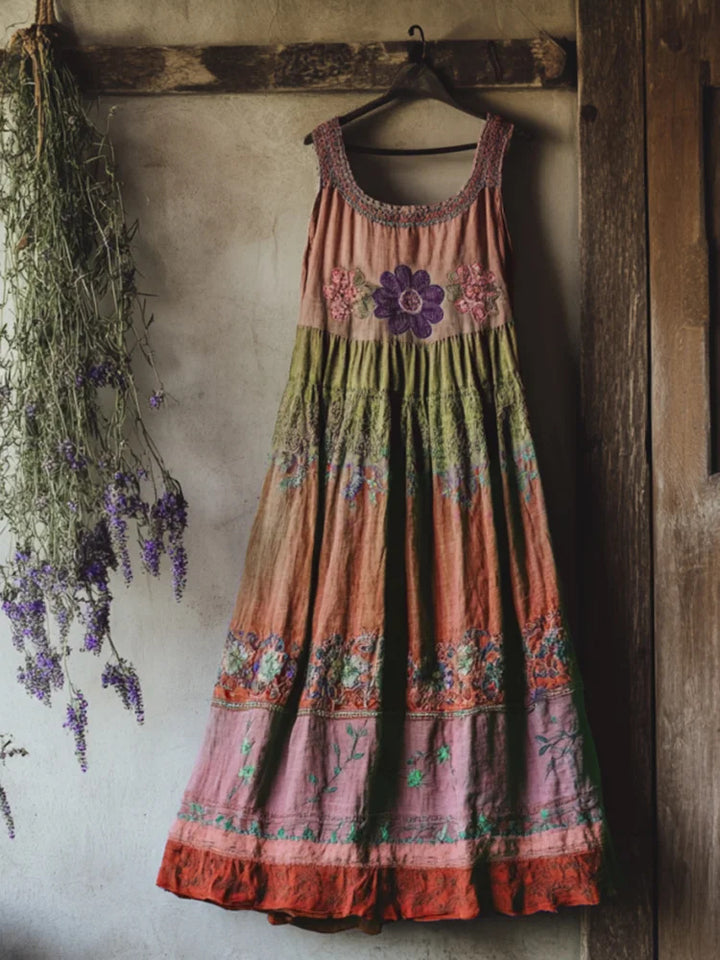 Vintage Bohemian Lavender Patchwork Art Printed Sleeveless Cozy Linen Maxi Dress